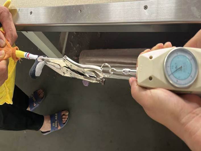 Test seam strength — Use a force gauge to record a seam pull test.